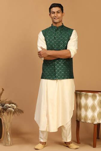 green embroidered nehru jacket set with cream self design kurta & viscose pyjama | wedding festive wear