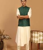 green embroidered nehru jacket set with cream self design kurta & viscose pyjama | wedding festive wear
