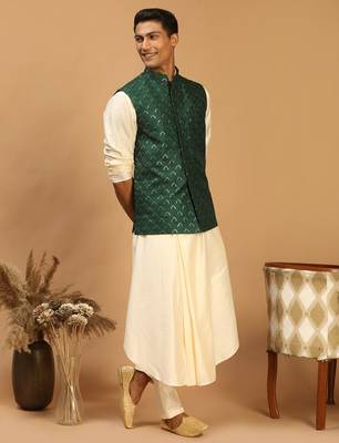 green embroidered nehru jacket set with cream self design kurta & viscose pyjama | wedding festive wear 2