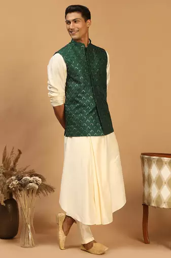green embroidered nehru jacket set with cream self design kurta & viscose pyjama | wedding festive wear