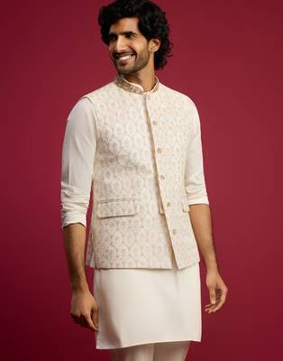 cream embroidered georgette nehru jacket | wedding festive wear 4