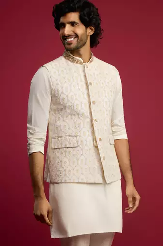 cream embroidered georgette nehru jacket | wedding festive wear