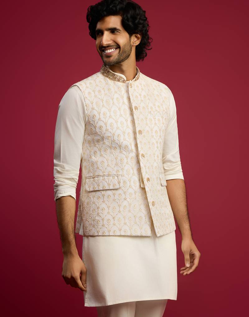 cream embroidered georgette nehru jacket | wedding festive wear