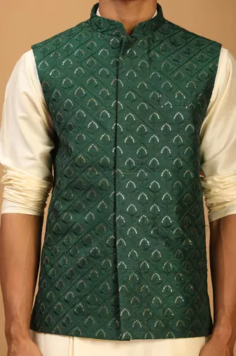 green embroidered nehru jacket set with cream self design kurta & viscose pyjama | wedding festive wear