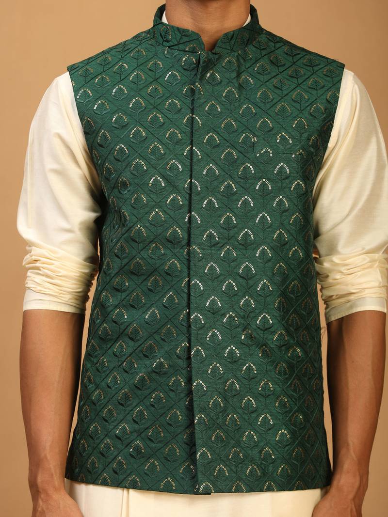 green embroidered nehru jacket set with cream self design kurta & viscose pyjama | wedding festive wear