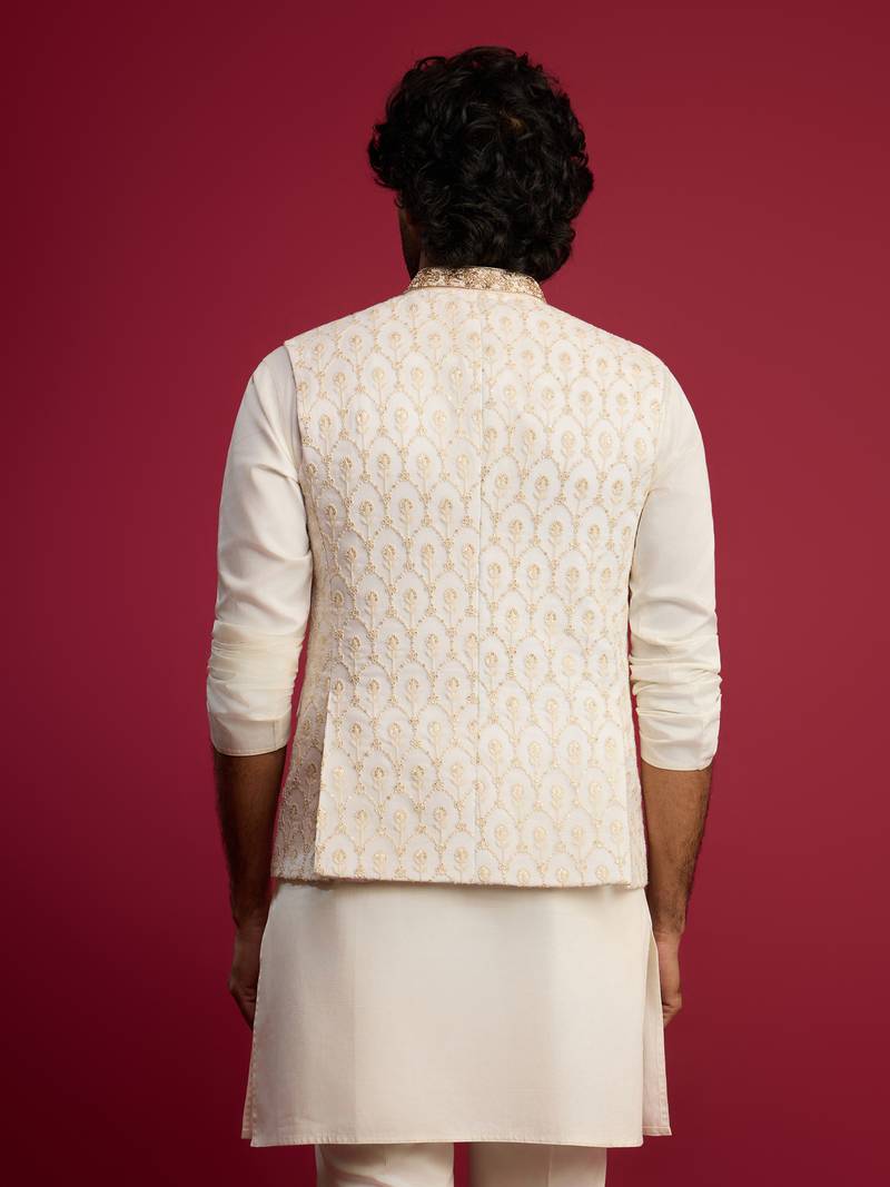 cream embroidered georgette nehru jacket | wedding festive wear