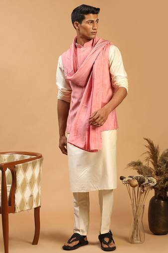 pink sequin nehru jacket set with cream kurta pyjama & pink sequin dupatta | wedding festive wear