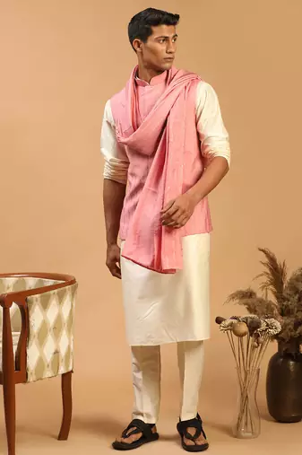 pink sequin nehru jacket set with cream kurta pyjama & pink sequin dupatta | wedding festive wear