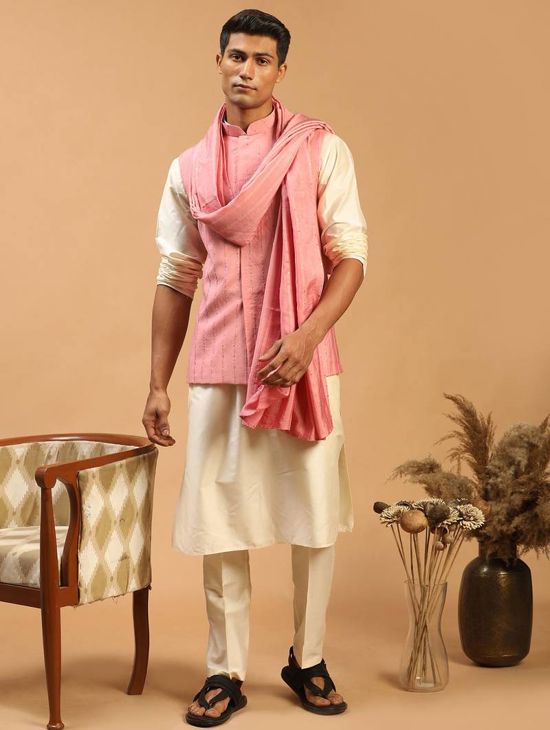 pink sequin nehru jacket set with cream kurta pyjama & pink sequin dupatta | wedding festive wear