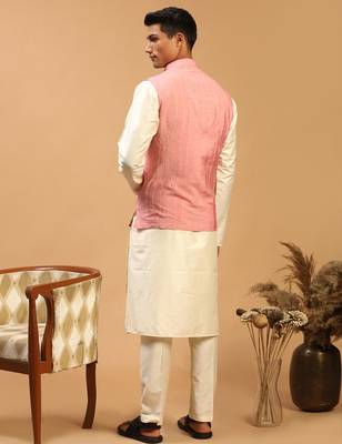 pink sequin nehru jacket set with cream kurta pyjama & pink sequin dupatta | wedding festive wear 3