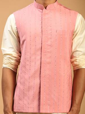 pink sequin nehru jacket set with cream kurta pyjama & pink sequin dupatta | wedding festive wear 4