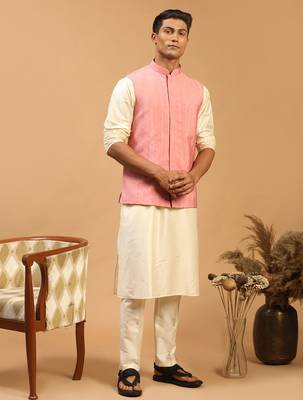 pink sequin nehru jacket set with cream kurta & viscose pyjama | wedding festive wear 1