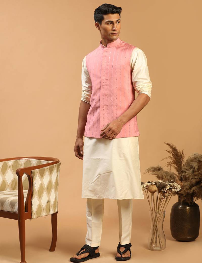pink sequin nehru jacket set with cream kurta & viscose pyjama | wedding festive wear