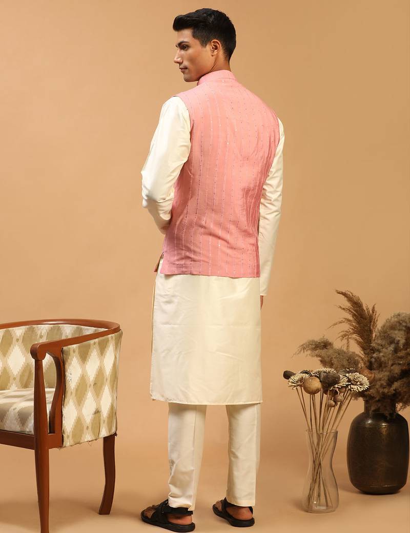 pink sequin nehru jacket set with cream kurta & viscose pyjama | wedding festive wear