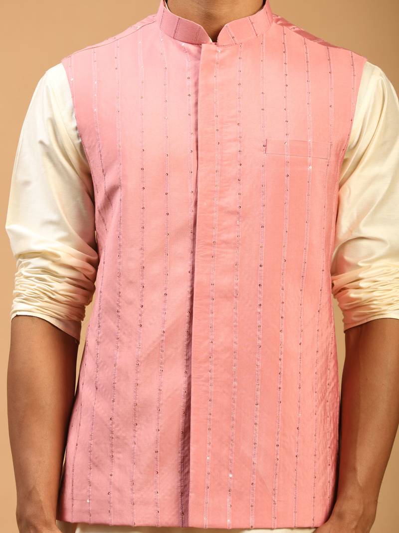 pink sequin nehru jacket set with cream kurta & viscose pyjama | wedding festive wear