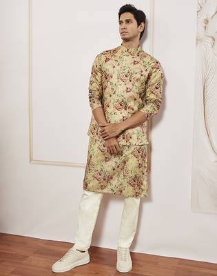 chiku silk blend floral printed nehru jacket kurta pyjama set | festive party wear 1