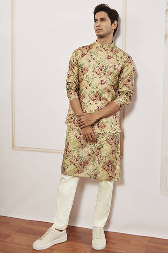 chiku silk blend floral printed nehru jacket kurta pyjama set | festive party wear