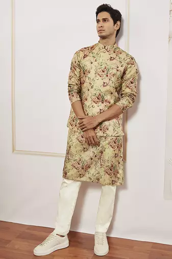 chiku silk blend floral printed nehru jacket kurta pyjama set | festive party wear