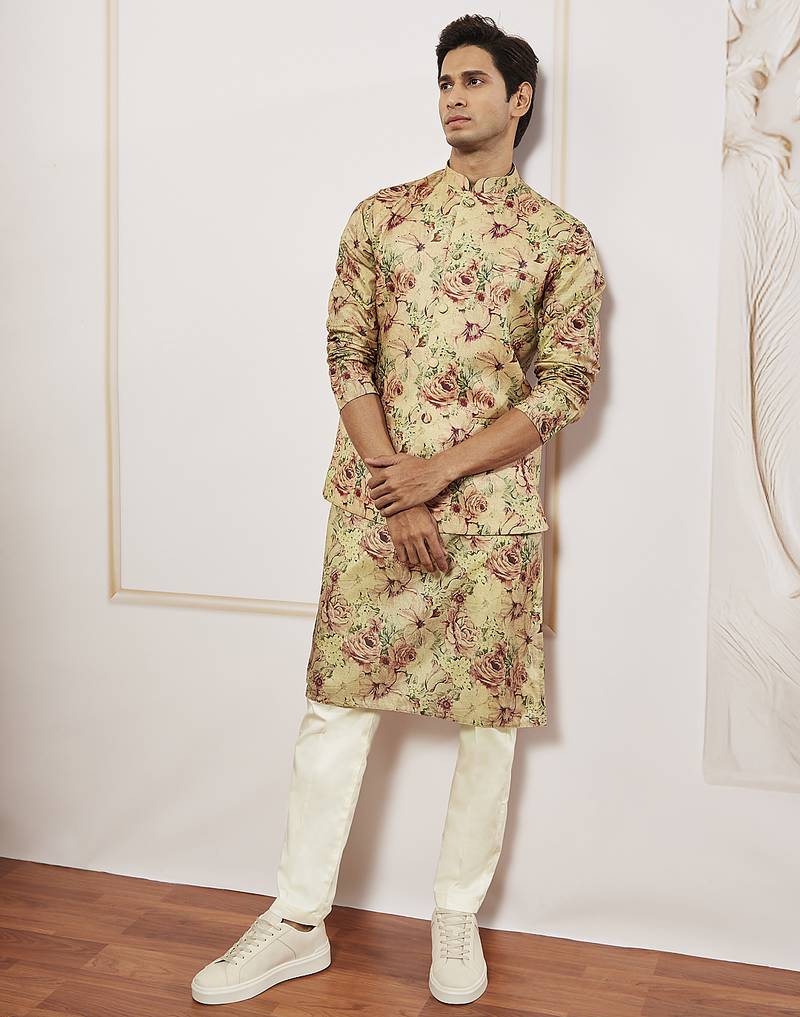 chiku silk blend floral printed nehru jacket kurta pyjama set | festive party wear