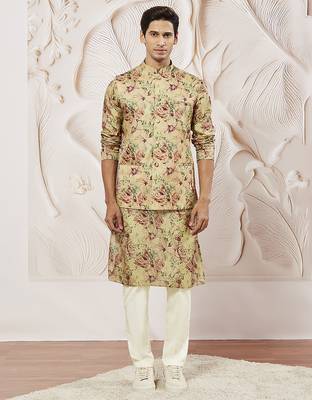 chiku silk blend floral printed nehru jacket kurta pyjama set | festive party wear 2