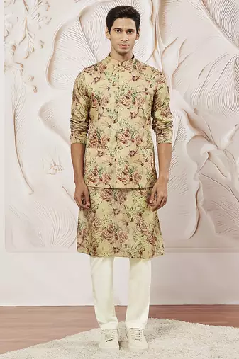 chiku silk blend floral printed nehru jacket kurta pyjama set | festive party wear