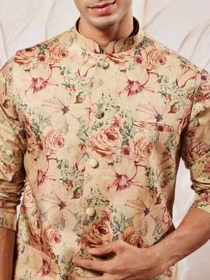 chiku silk blend floral printed nehru jacket kurta pyjama set | festive party wear 3