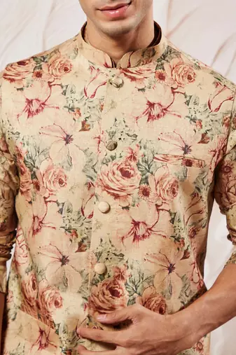 chiku silk blend floral printed nehru jacket kurta pyjama set | festive party wear