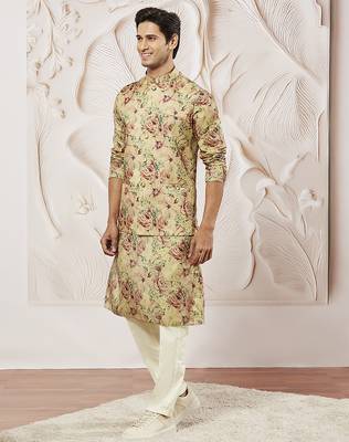 chiku silk blend floral printed nehru jacket kurta pyjama set | festive party wear 4