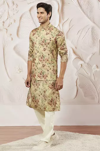 chiku silk blend floral printed nehru jacket kurta pyjama set | festive party wear