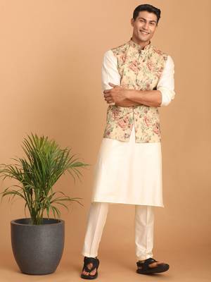 chiku floral print nehru jacket with cream kurta pyjama set | 3-piece silk festive ethnic wear 1