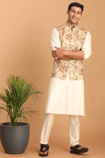 chiku floral print nehru jacket with cream kurta pyjama set | 3-piece silk festive ethnic wear