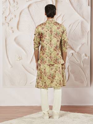 chiku silk blend floral printed nehru jacket kurta pyjama set | festive party wear 5