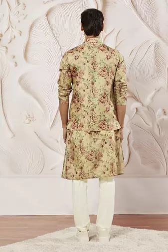 chiku silk blend floral printed nehru jacket kurta pyjama set | festive party wear