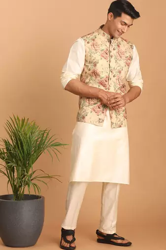 chiku floral print nehru jacket with cream kurta pyjama set | 3-piece silk festive ethnic wear