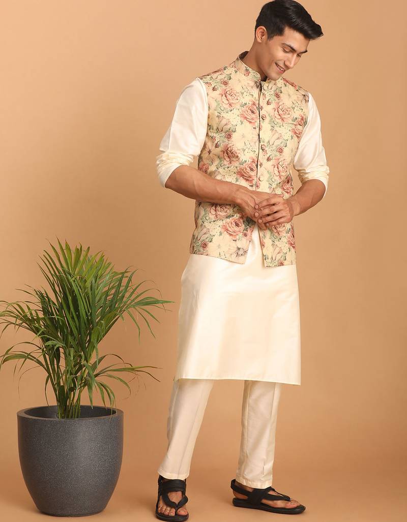 chiku floral print nehru jacket with cream kurta pyjama set | 3-piece silk festive ethnic wear