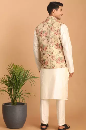 chiku floral print nehru jacket with cream kurta pyjama set | 3-piece silk festive ethnic wear