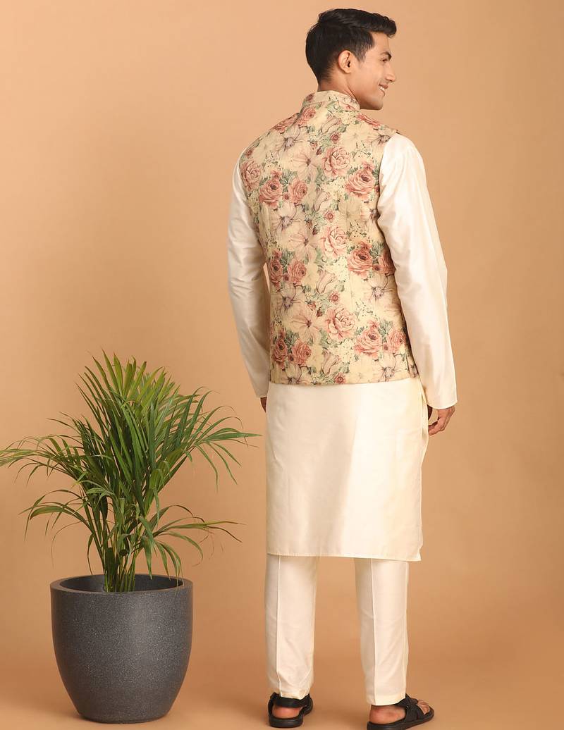 chiku floral print nehru jacket with cream kurta pyjama set | 3-piece silk festive ethnic wear