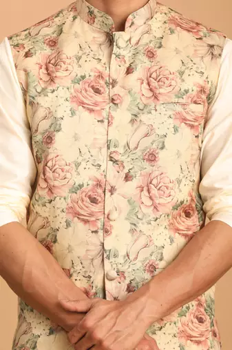 chiku floral print nehru jacket with cream kurta pyjama set | 3-piece silk festive ethnic wear