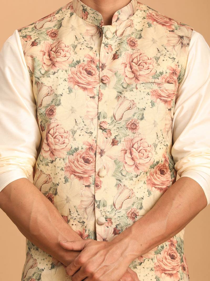 chiku floral print nehru jacket with cream kurta pyjama set | 3-piece silk festive ethnic wear