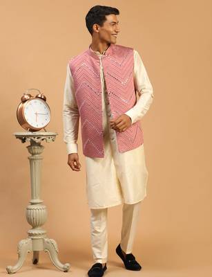 onion mirror work nehru jacket with cream kurta pyjama set | unique contrast 3-piece festive ethnic wear 1