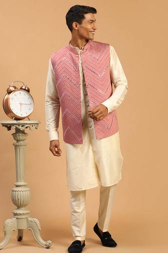 onion mirror work nehru jacket with cream kurta pyjama set | unique contrast 3-piece festive ethnic wear