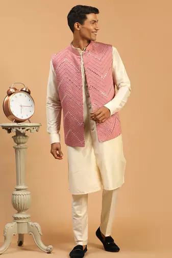 onion mirror work nehru jacket with cream kurta pyjama set | unique contrast 3-piece festive ethnic wear