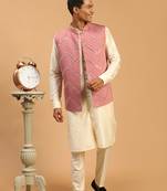 onion mirror work nehru jacket with cream kurta pyjama set | unique contrast 3-piece festive ethnic wear