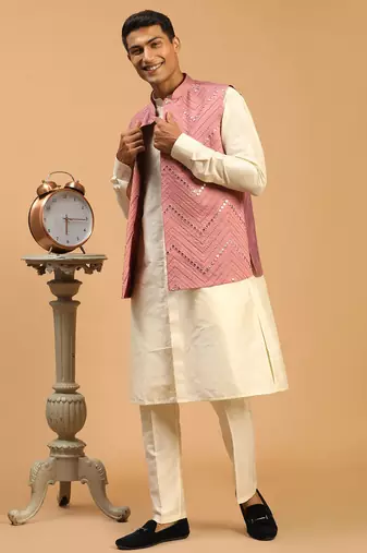 onion mirror work nehru jacket with cream kurta pyjama set | unique contrast 3-piece festive ethnic wear