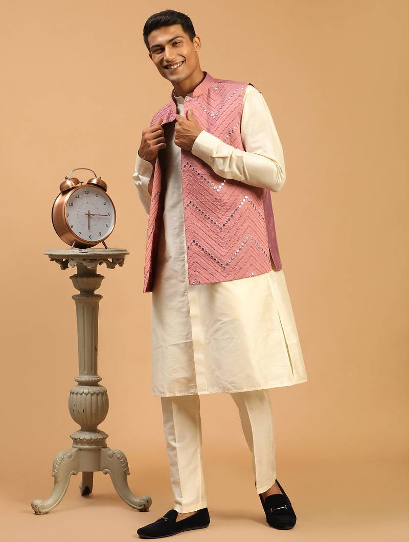 onion mirror work nehru jacket with cream kurta pyjama set | unique contrast 3-piece festive ethnic wear