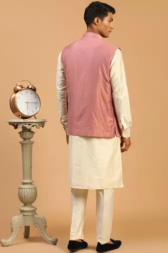 onion mirror work nehru jacket with cream kurta pyjama set | unique contrast 3-piece festive ethnic wear
