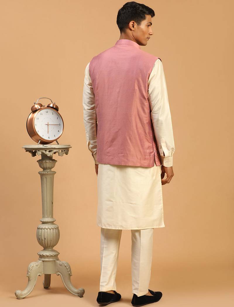 onion mirror work nehru jacket with cream kurta pyjama set | unique contrast 3-piece festive ethnic wear