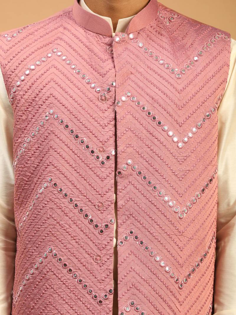 onion mirror work nehru jacket with cream kurta pyjama set | unique contrast 3-piece festive ethnic wear