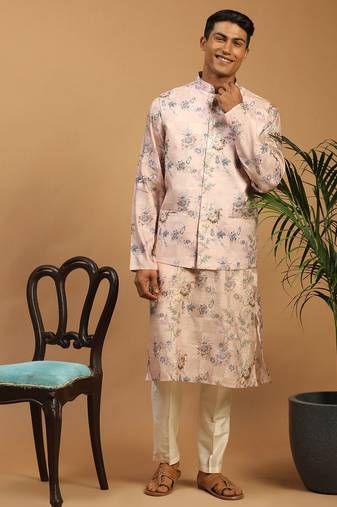 purple mirror work nehru jacket with cream kurta pyjama set | bold contrast 3-piece festive ethnic wear