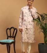purple mirror work nehru jacket with cream kurta pyjama set | bold contrast 3-piece festive ethnic wear